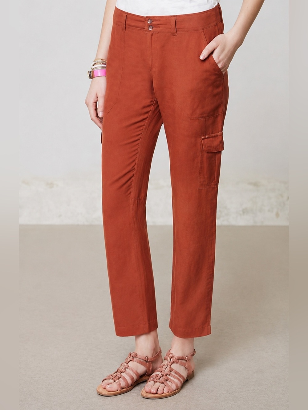 HeiHei Anthropologie Linen Blend Cargo Pants in Burnt Orange Size 8